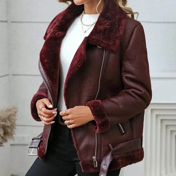 Burgundy Casual Women's Faux Leather Winter Jacket - Picture 3 of 6